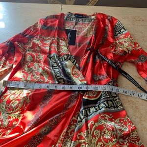 plus red printed satin long sleeve wrap dress